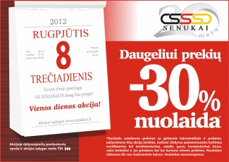 -30% daugeliui prekių SENUKUOSE! Tik rugpjūčio 8 d.